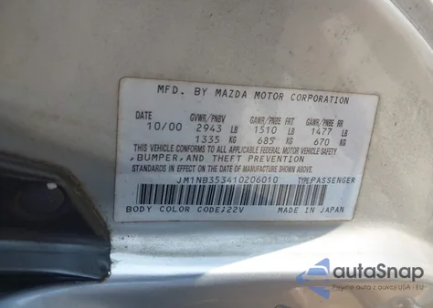 2001 Mazda Mx-5 Miata Ls/Special Edition z USA, uszkodzony, nr VIN JM1NB353410206010